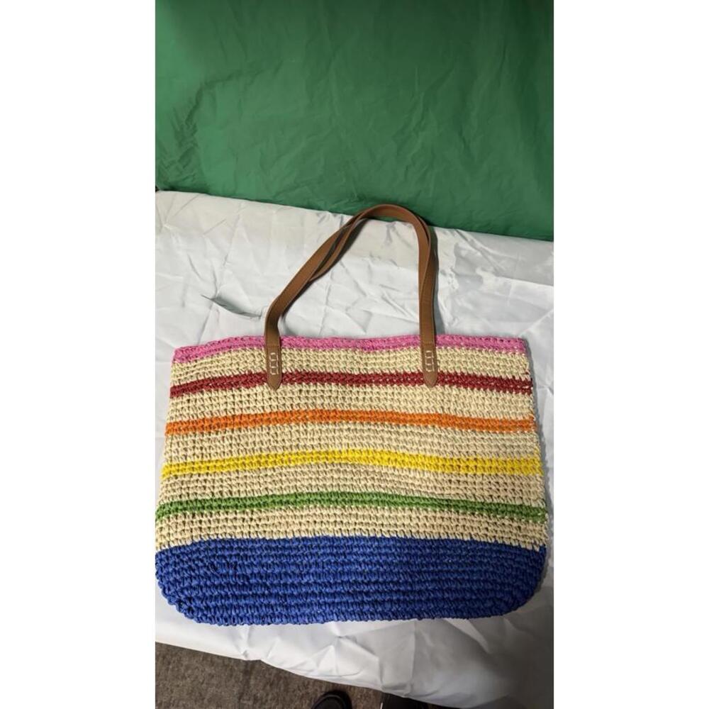 Colorful Straw Woven Tote Bag with Leather Straps – Large Beach Summer Bag